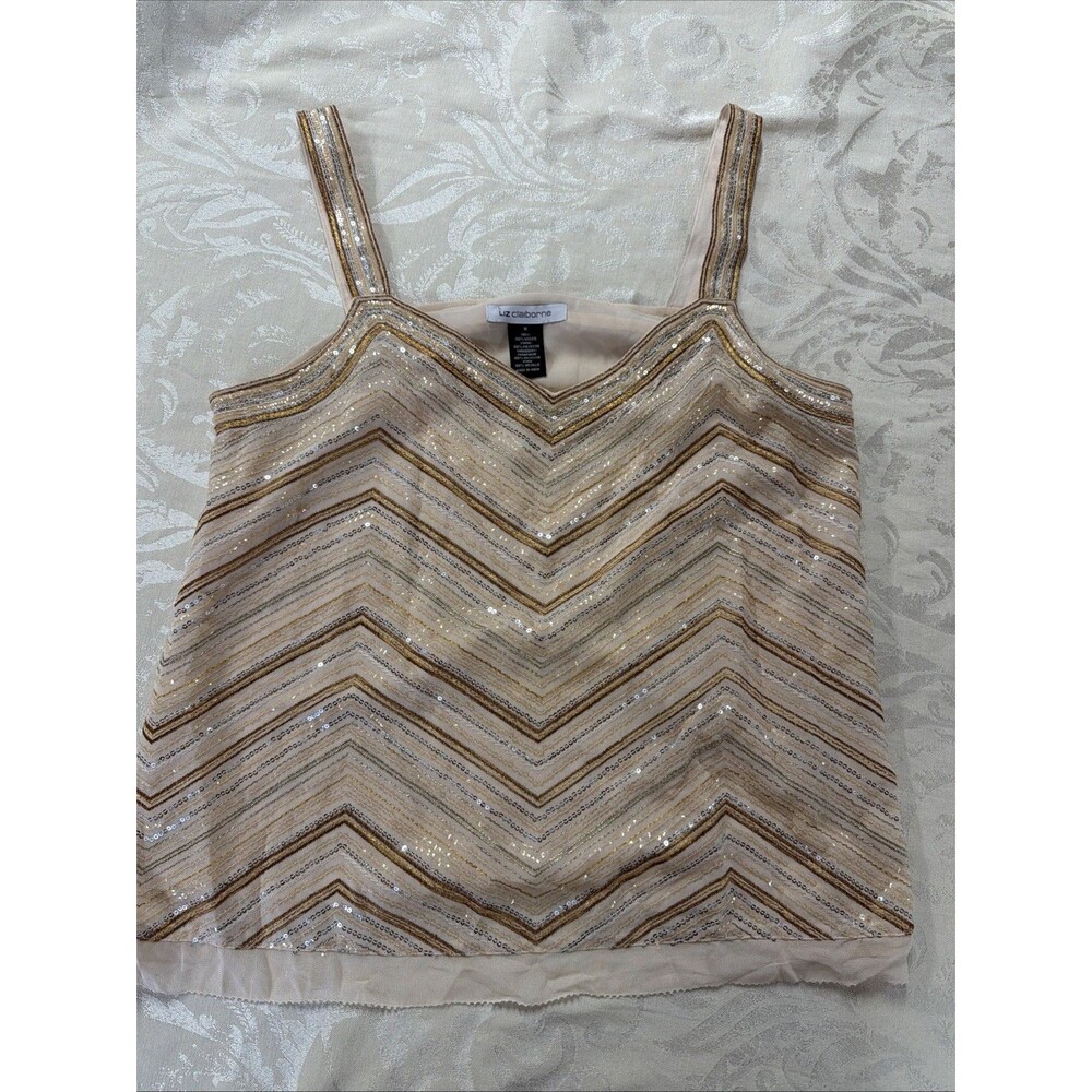 Liz Claiborne Tank Top M  Gold Silver Sequins Beige V Neck Holiday Party